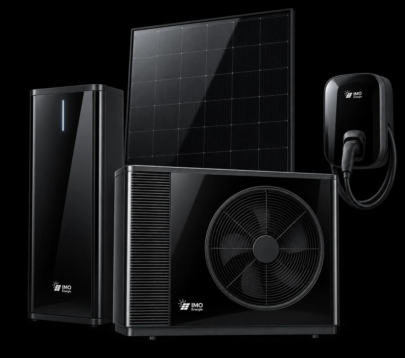 Stromspeicher, Solarmodul, Wärmepumpe und Wallbox von IMO Energie nebeneinander