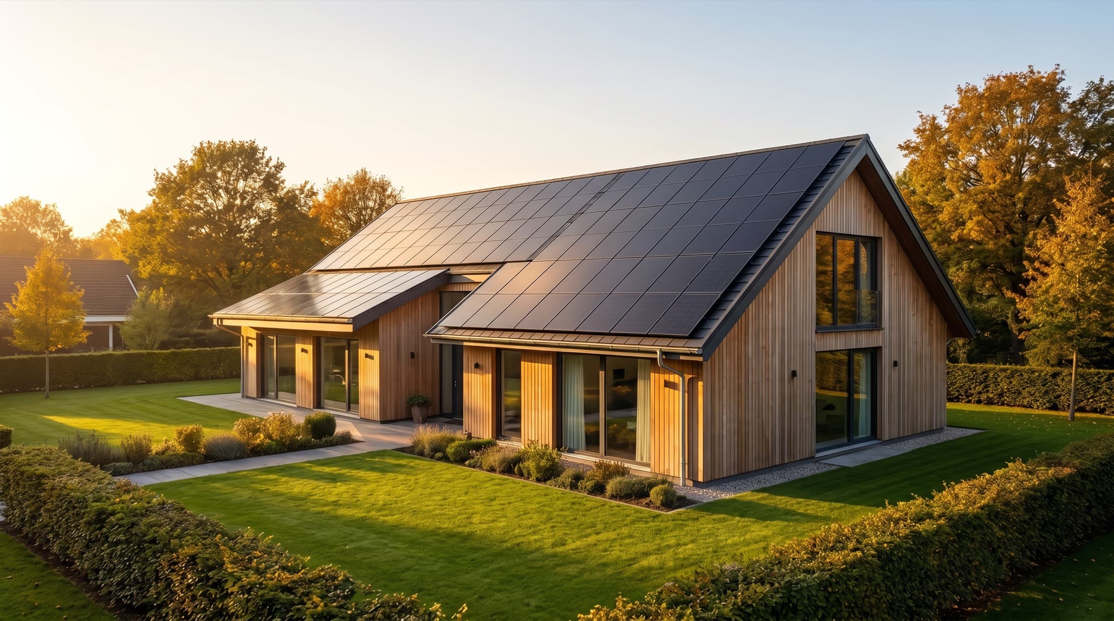 Modernes Holzhaus mit Photovoltaik-Anlage in der Abendsonne