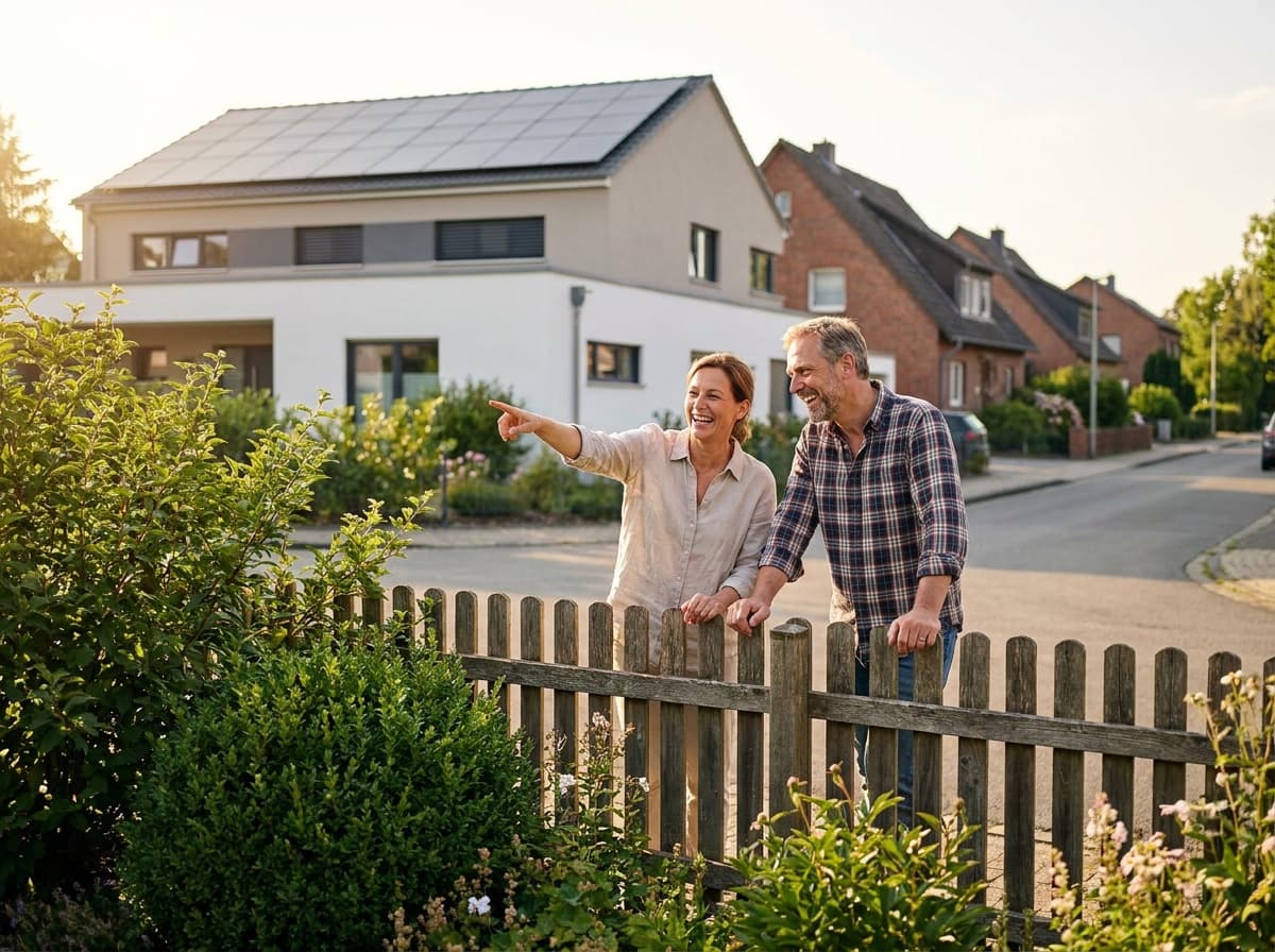 Nachbarn unterhalten sich am Gartenzaun über Photovoltaik
